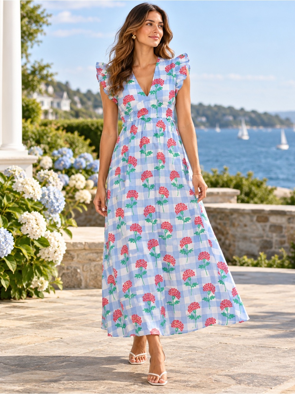 Sail to Sable Flutter Sleeve Maxi Dress Gingham Floral NWT M & L